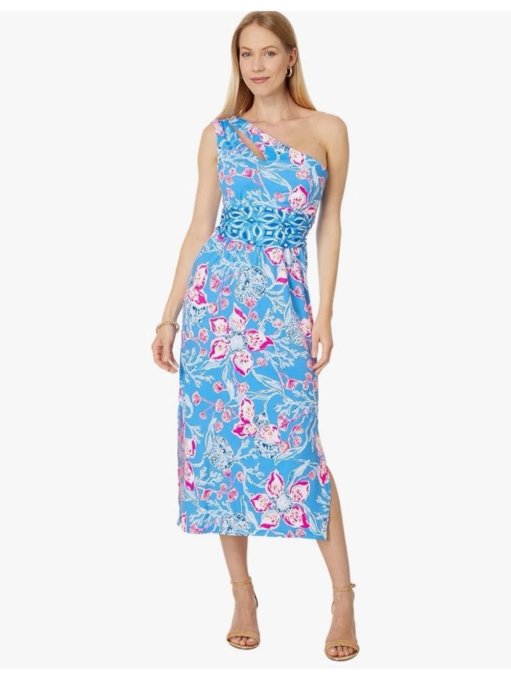 New! Lilly Pulitzer One-Shoulder Blue Floral Midi Dress XL